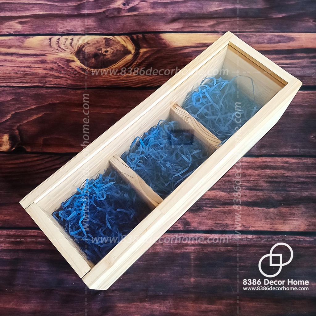 Khay gói quà bằng gỗ pallet/ hộp gỗ 3 ngăn đựng quà tết mặt mica trong suốt (nhận kích thước theo yêu cầu)