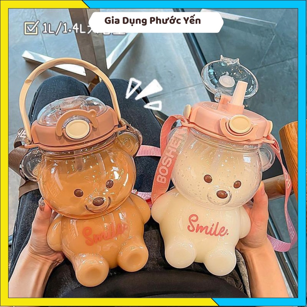 Bình đựng nước hình gấu dễ thương dung tích 1L lít có kèm dây đeo tặng kèm sticker