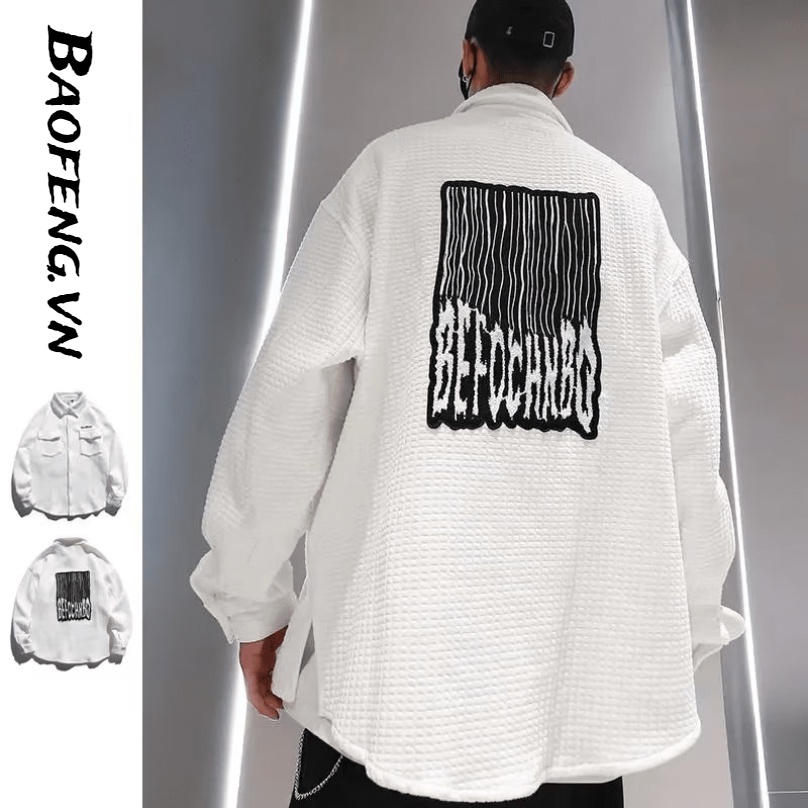Áo sơ mi unisex trắng waffle dài tay cổ gập thêu chữ phong cách hàn quốc cổ Điển dành cho nam nữ thời trang cặp đôi áo