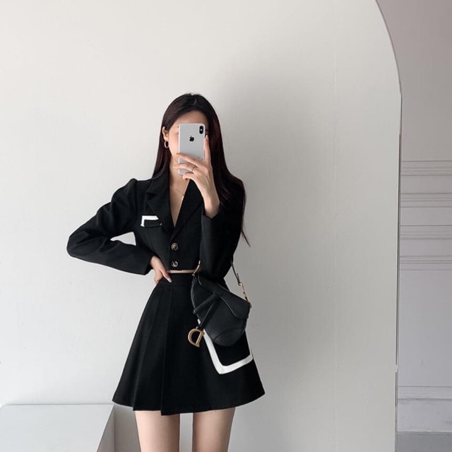 Set áo blazer croptop+cv xoè xếp ly 1 bên