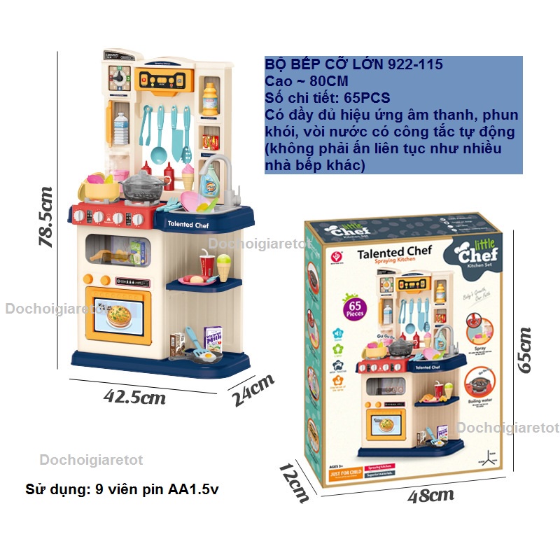 [Hàng Mới] Bộ đồ chơi nhà bếp 80cm 65 chi tiết tặng dây đèn cho bé có hiệu ứng âm thanh ánh sáng, vòi phun nước tự động