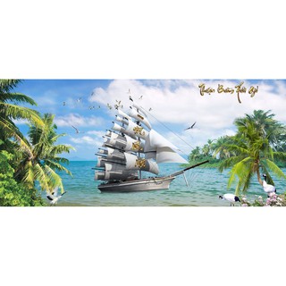 Tranh dán tường 3D thuận buồm xuôi gió - tranh thuyền - vải lụa ( khổ in tới 3m kích thước theo yêu cầu)