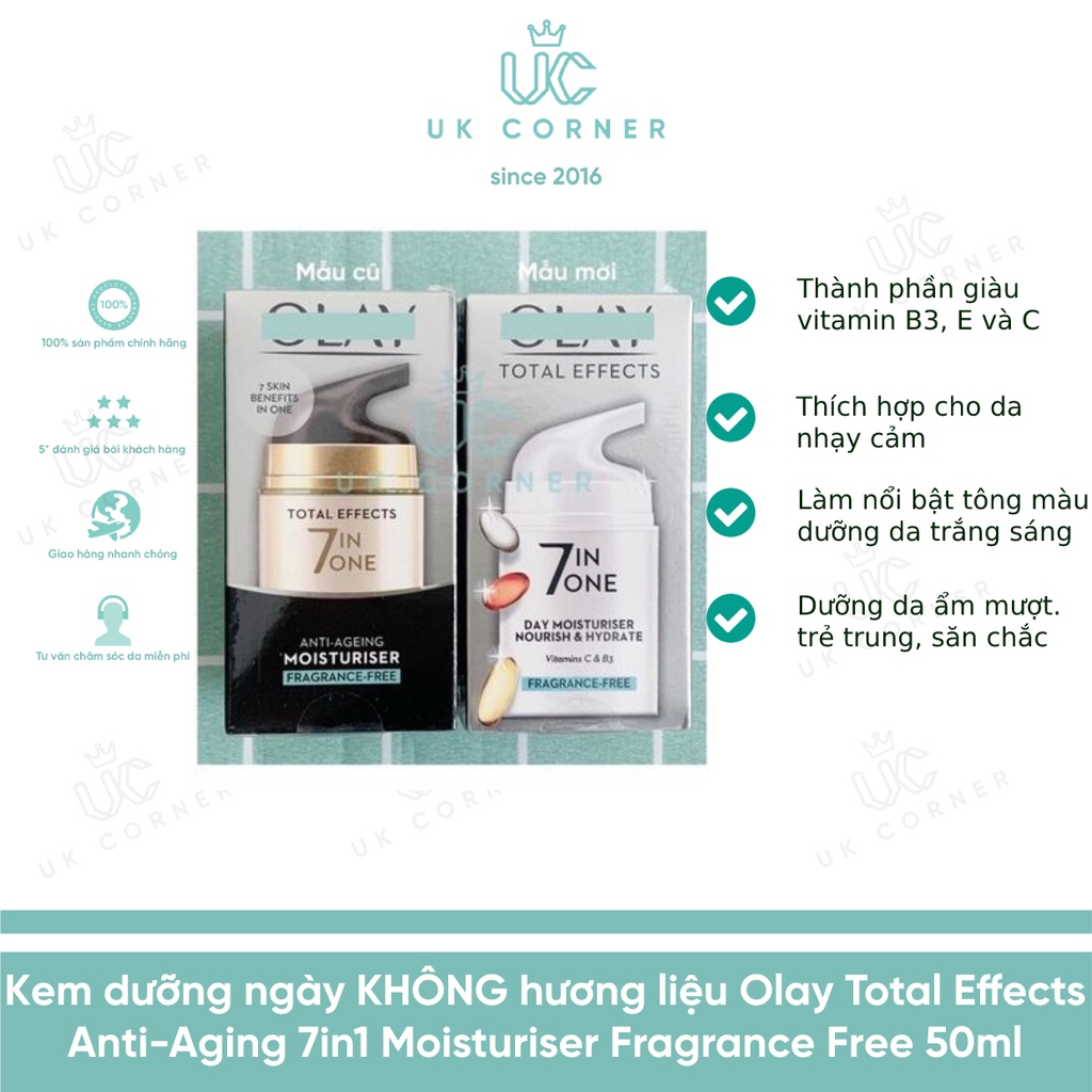 OLAYUK-Anh Quốc phân phối Kem dưỡng KO hương liệu Olay Total Effect Anti-Aging 7 in one Fragrance Free Moisturiser 50ml