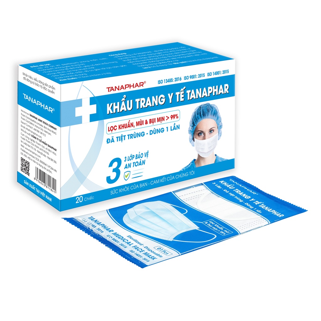 Khẩu trang y tế 3 lớp TANAPHAR (Đã tiệt trùng), Hộp 20 cái