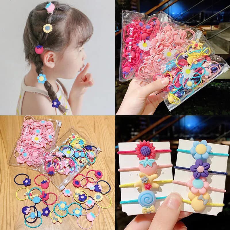 Set 20 chun dây buộc tóc bé gái túi zip nhiều màu