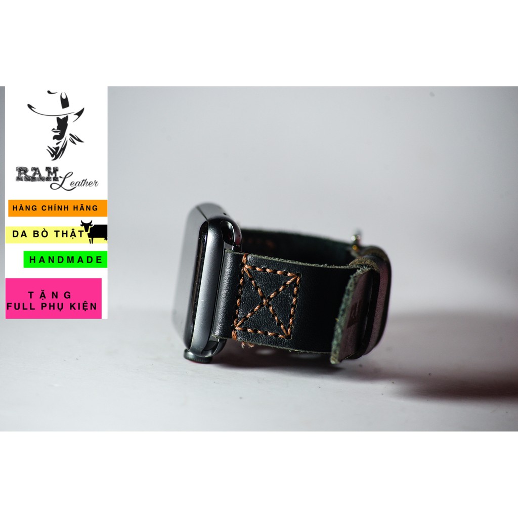 Dây apple watch da bò đen handmade bền chắc cực đẹp kiểu phi công RAM Leather simple X Pilot - tặng khóa chốt và adapter