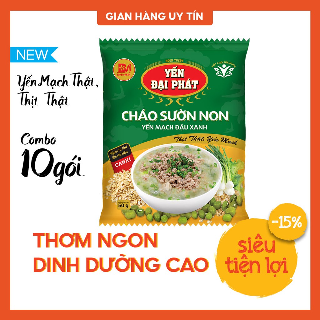 Cháo Sườn Non Yến Mạch Đậu Xanh - Yến Đại Phát (10 gói x 50gram), Yến mạch thật, thịt thật