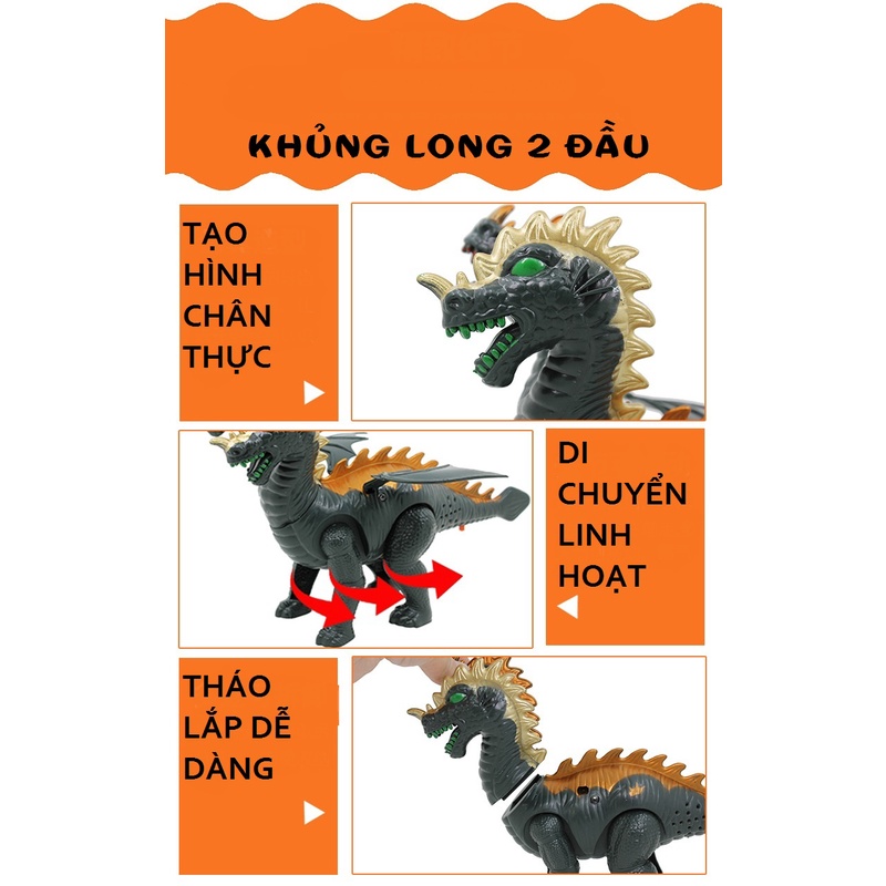 Khủng long 2 đầu biết đi, đồ chơi trẻ em, dùng pin, có đèn, âm thanh, tự di chuyển dành cho bé yêu