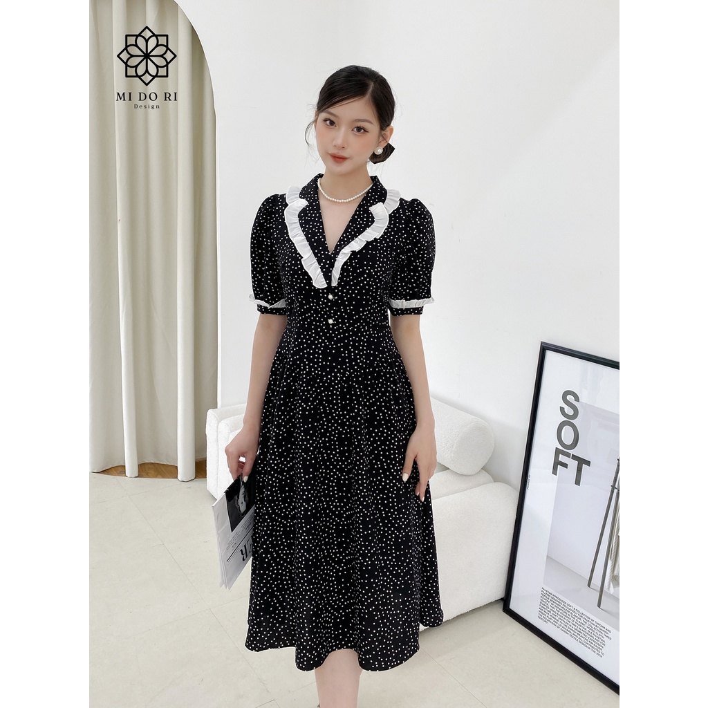 Đầm vintage chấm bi phối ren, cổ tiểu thư, đen chấm trắng, chiffon Hàn nhẹ nhàng và mát, 2 lớp - Kylie Dress