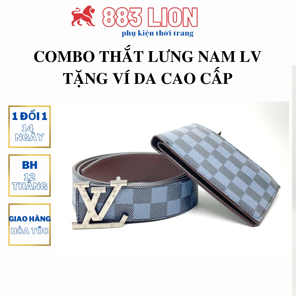 COMBO Thắt Lưng Nam LV/Dây Nịt Nam+ Ví Da/Bóp Nam Cao Cấp Kẻ Caro Màu Xanh Xám Mặt Khóa Bạc Có Chư Da Tổng Hợp PVC