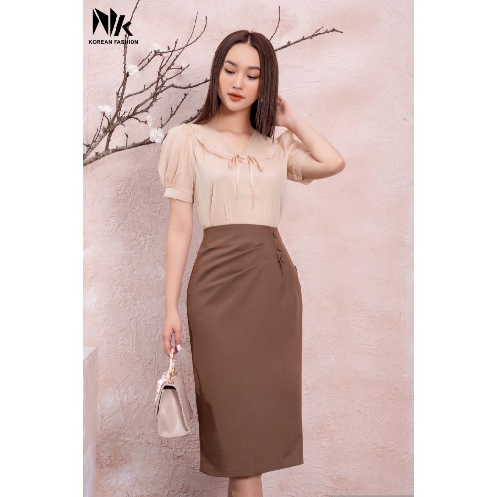 Chân Váy Bút Chì Công Sở NK Fashion Thiết Kế 3 Cúc Dáng Dài Sang Trọng, Chất Liệu Vải Co Giãn Và Mềm Mịn NKCV2201006