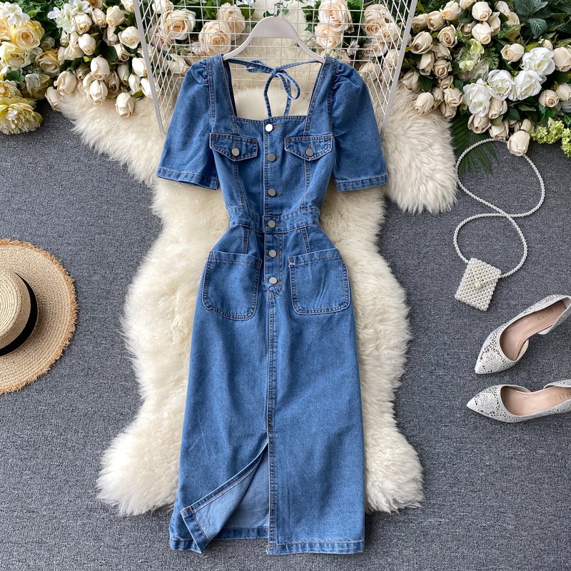 Váy bò cổ vuông túi ngực ulzzang (Hàng oder chuẩn hình 100%) 050620
