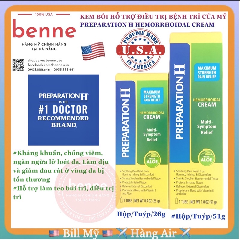 Kem bôi trĩ PREPARATION H Hemorroidal Cream 26g/28g/51g/57g của Mỹ