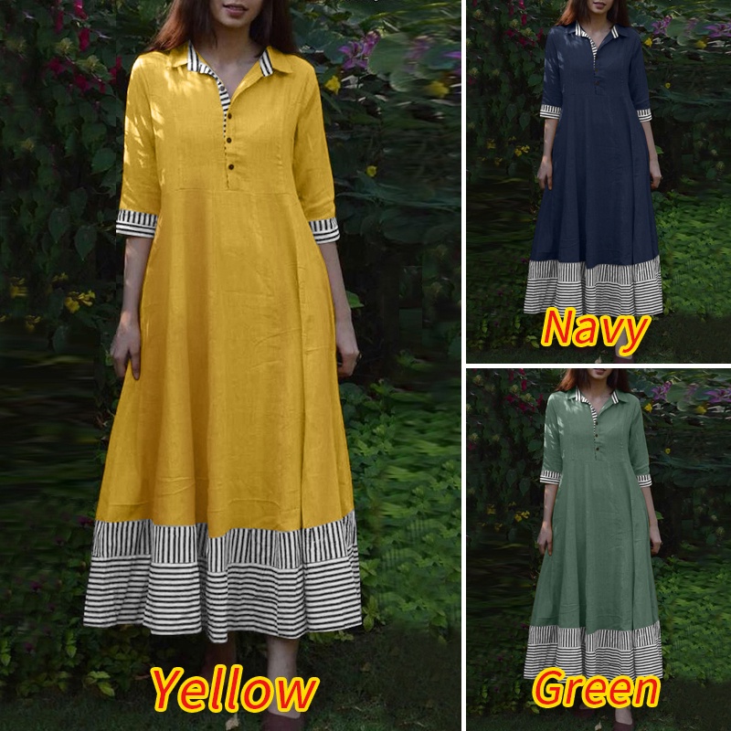 Đầm maxi ZANZEA tay lửng kẻ sọc cổ bẻ dáng rộng thời trang cho nữ