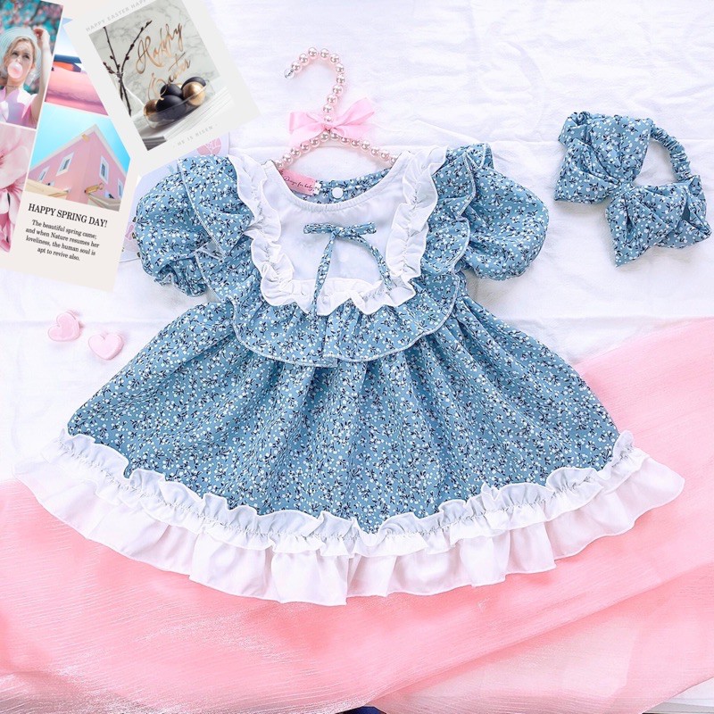 Váy tiểu thư bèo lụa hoa nhí xanh cho bé (4-30kg)