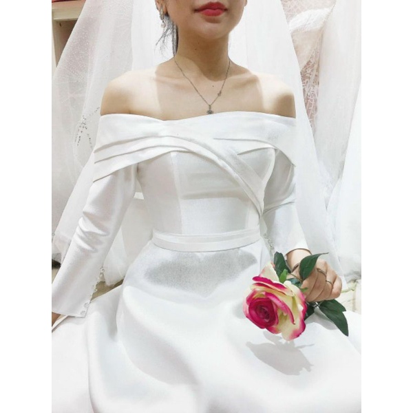 Đầm váy dạ hội cô dâu đi bàn bẹt vai xếp ly,phối nơ lưng sang chảnh