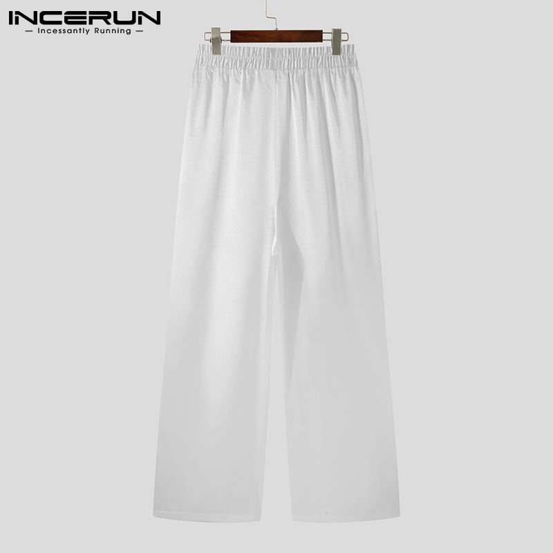 Quần dài INCERUN lưng cao ống rộng màu trơn co giãn thời trang thích hợp cho nam