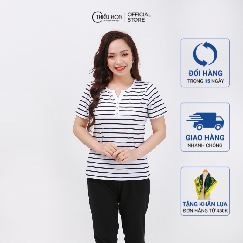 Áo thun nữ tay ngắn đẹp, cổ V họa tiết sọc ngang, chất liệu cotton  mát Thương hiệu Thiều Hoa AN1N0408