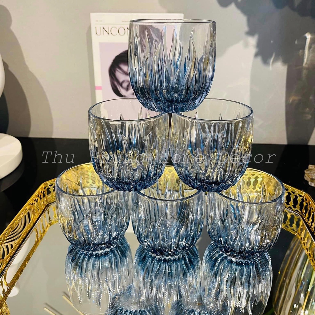 Set 6 cốc thuỷ tinh cường lưc ánh lửa xanh, có bán kèm bình kim cương xanh + khay úp
