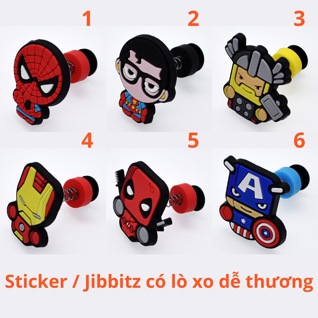 [CÓ VIDEO CLIP THẬT] Sticker / Jibbitz Lò xo siêu anh hùng Gắn Dép Crocs, Cross, Satihu, Dép Sục