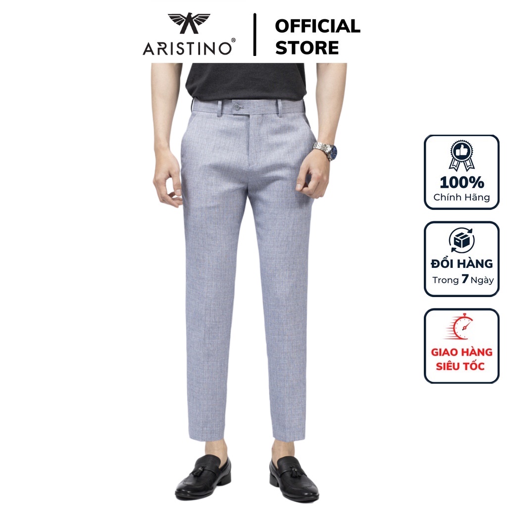 Quần âu tây nam Aristino ATR00202 màu xám kẻ chìm dáng Cropped có độ dài trên mắt cá chân vải polyester cao cấp mềm mại