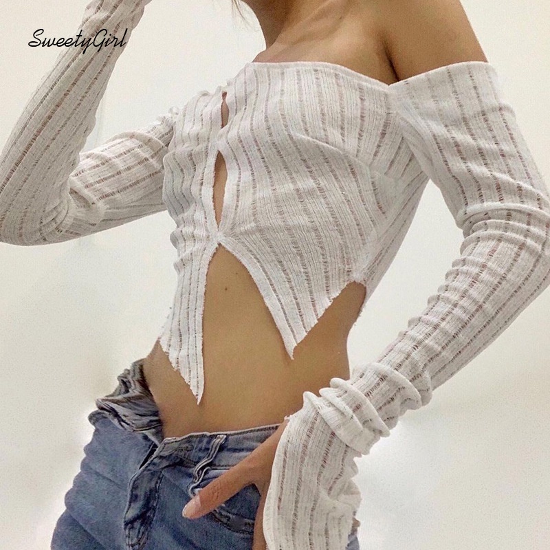 Áo Croptop Trễ Vai Tay Dài Màu Trơn Thời Trang Dành Cho Nữ