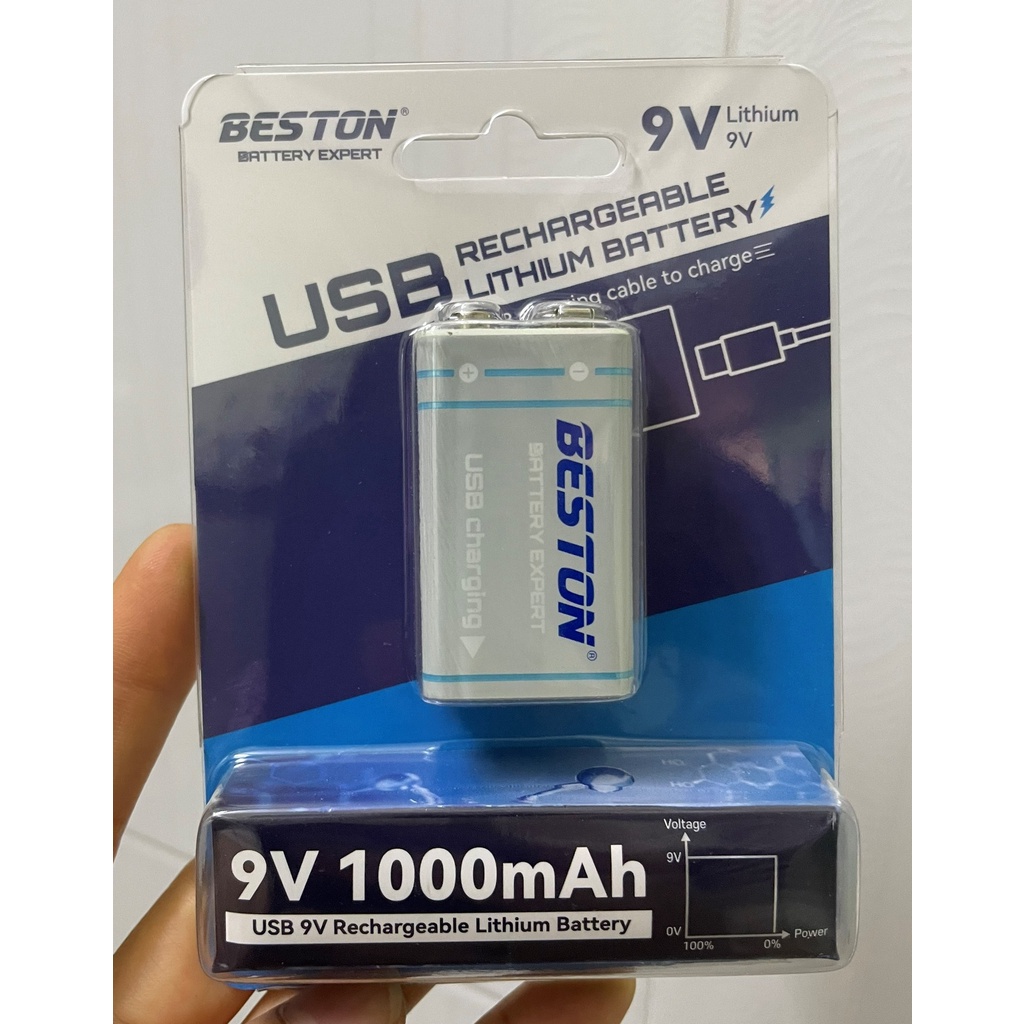 Pin sạc Beston 9V 1000mAh có cáp sạc trực tiếp bằng Type C - USB, sử dụng cho mic Karaoke, các thiết bị điện tử