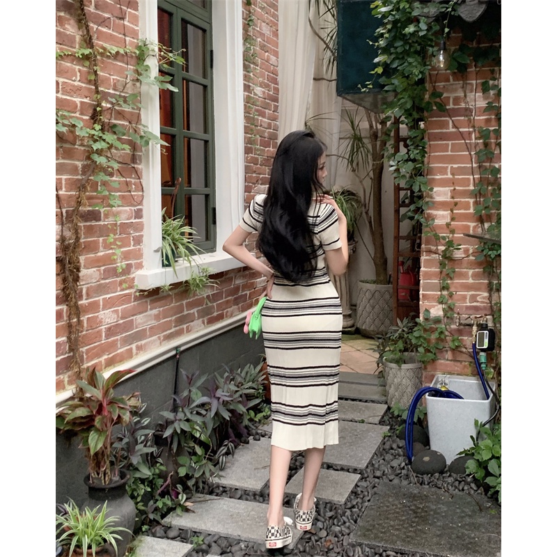 Cocory vn Đầm Dài Tay Ngắn Cổ POLO Họa Tiết Kẻ Sọc Thời Trang Dành Cho Nữ