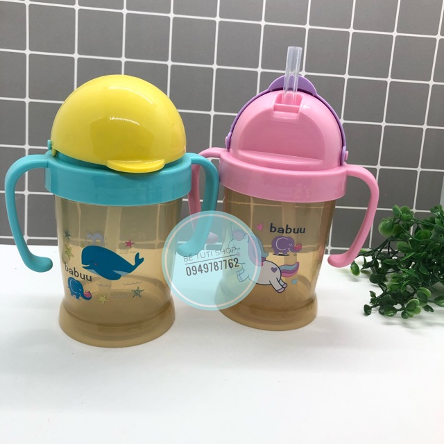 Bình tập uống ống hút silicon tay cầm Babu Baby 180ml Nhật Bản BB17941