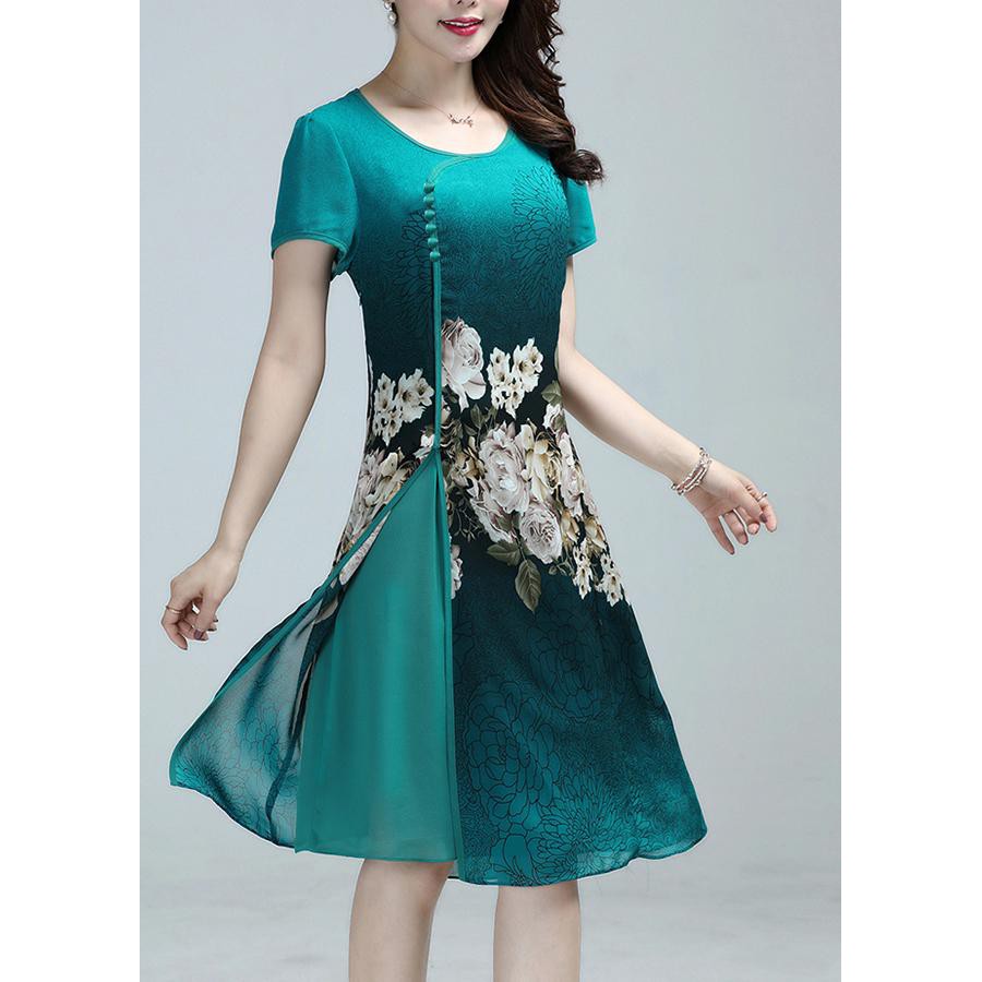 GOTI - Đầm Suông Trung Niên Bigsize Kiểu Chữ A In Hoa Mẫu Đơn Cổ Tàu Màu Xanh Lá 3235
