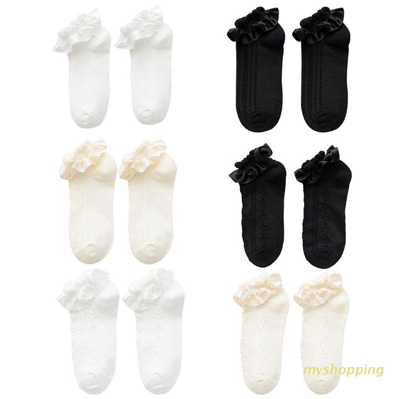 Đôi vớ ngắn dệt gân sọc viền nhún bèo phong cách lolita harajuku Nhật Bản ngọt ngào xinh xắn dành cho nữ