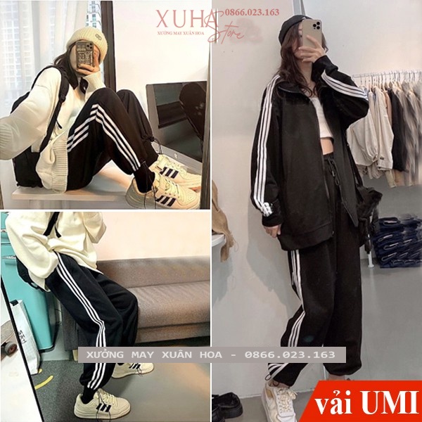 Quần thể thao nữ ống rộng viền kẻ 3 sọc trắng có dây rút gấu chất vải Umi - Quần jogger ống rộng nữ mặc đi học thể dục