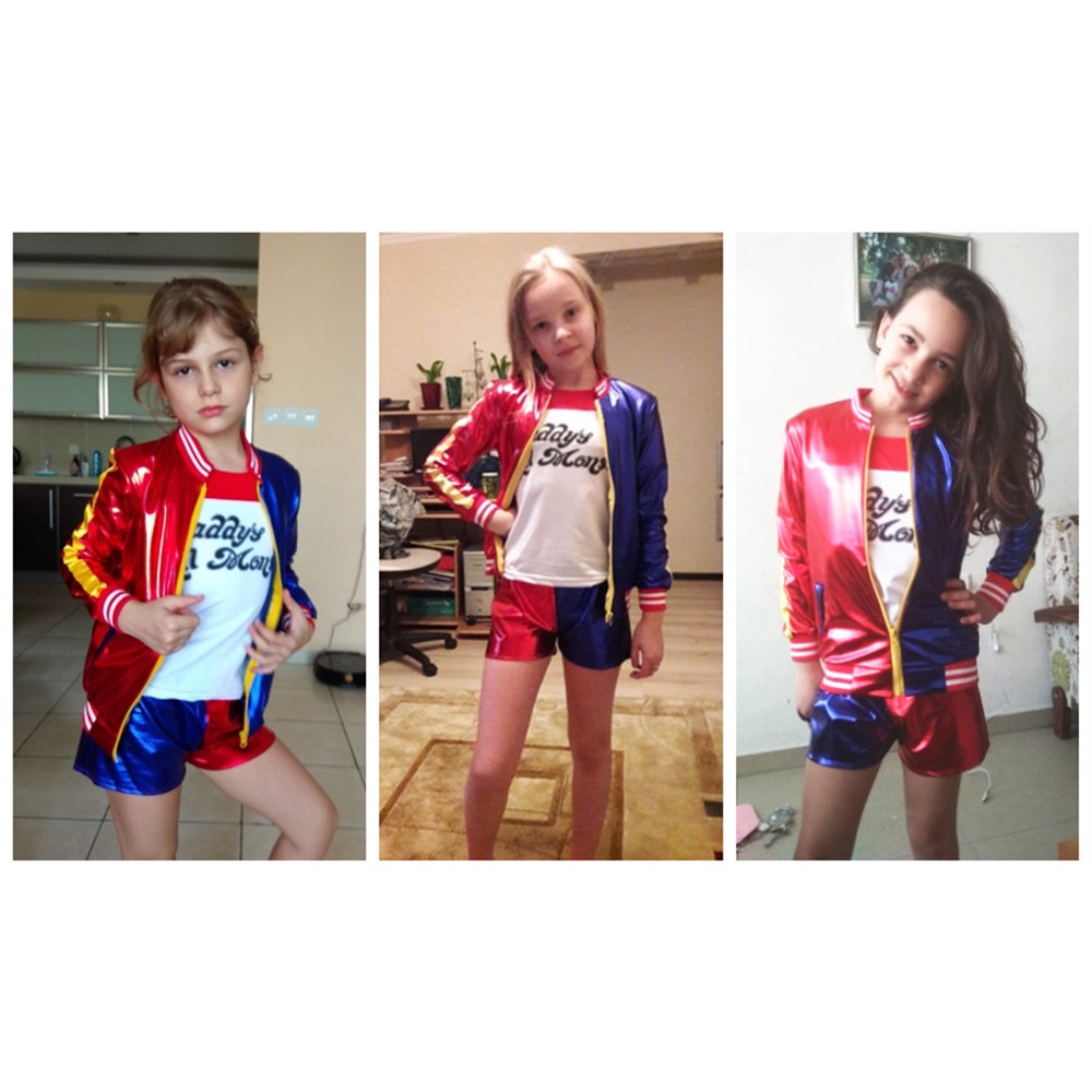 Harley Quinn trang phục cosplay Halloween trẻ em cô gái Suicide Squad áo thun quần short tóc giả lễ hội trang phục