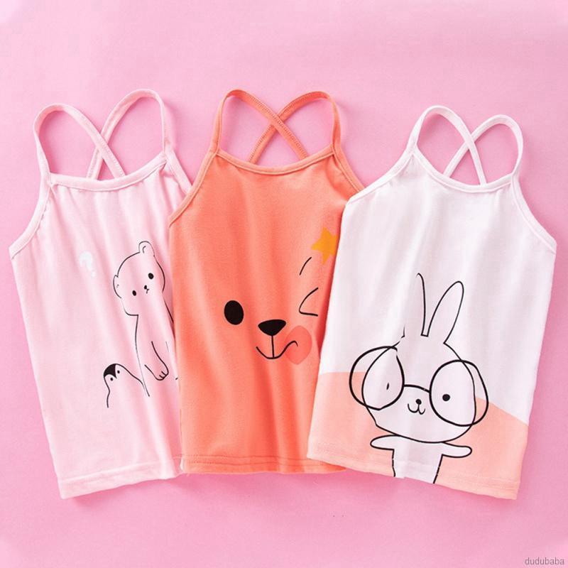 Áo yếm hai dây không tay vải cotton in hình vẽ hoạt họa thời trang mùa hè dành cho bé gái