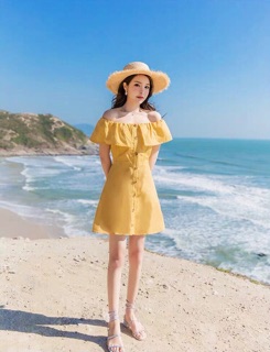 Đầm Vàng Trễ Vai Nút Gỗ XT ( KÈM ẢNH THẬT)