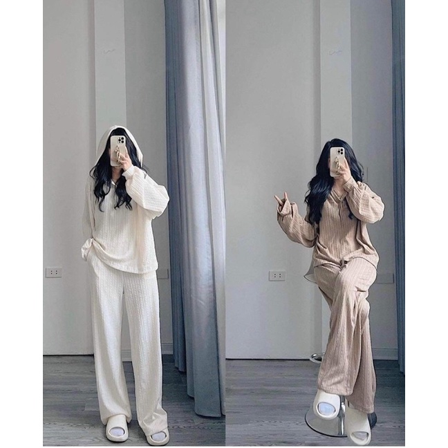 Set bộ thu đông set nỉ len gân co giãn phong cách ulzzang hàn quốc