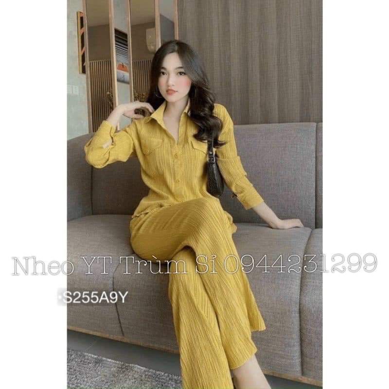 Sét bộ áo sơ mi tay dài quần dài ống suông thanh lịch cho nàng đi chơi đi làm thời trang nữ phù hợp mọi phong cách