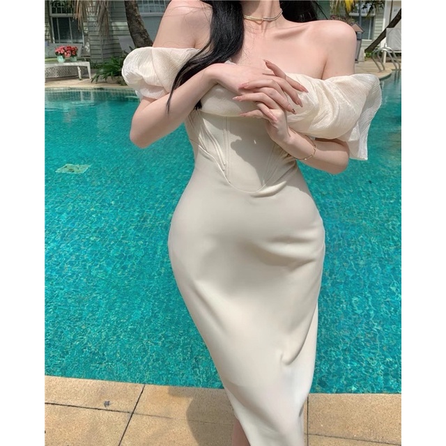 Đầm dự tiệc tiểu thư trễ vai tay voan dáng dài xinh xắn phong cách Hàn Quốc