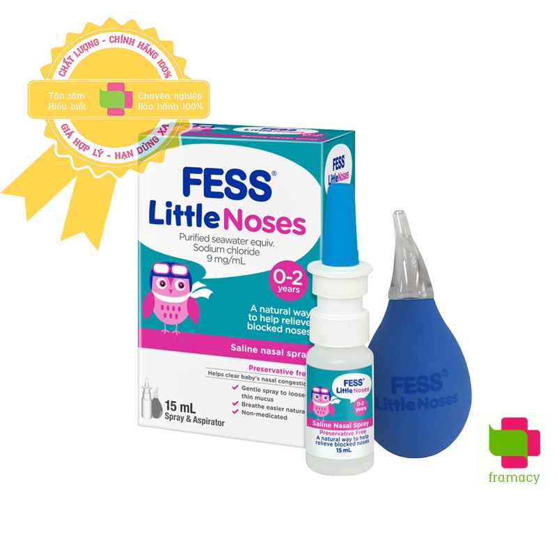 Xịt mũi Fess Little Noses, Úc (15ml) hỗ trợ nghẹt mũi, sổ mũi kèm bóng hút cho bé từ 0-2 tuổi