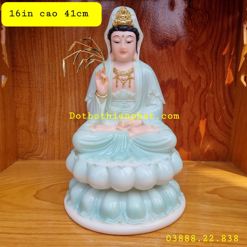 Tượng Quan Âm đá màu xanh 16in cao 41cm mẫu mới