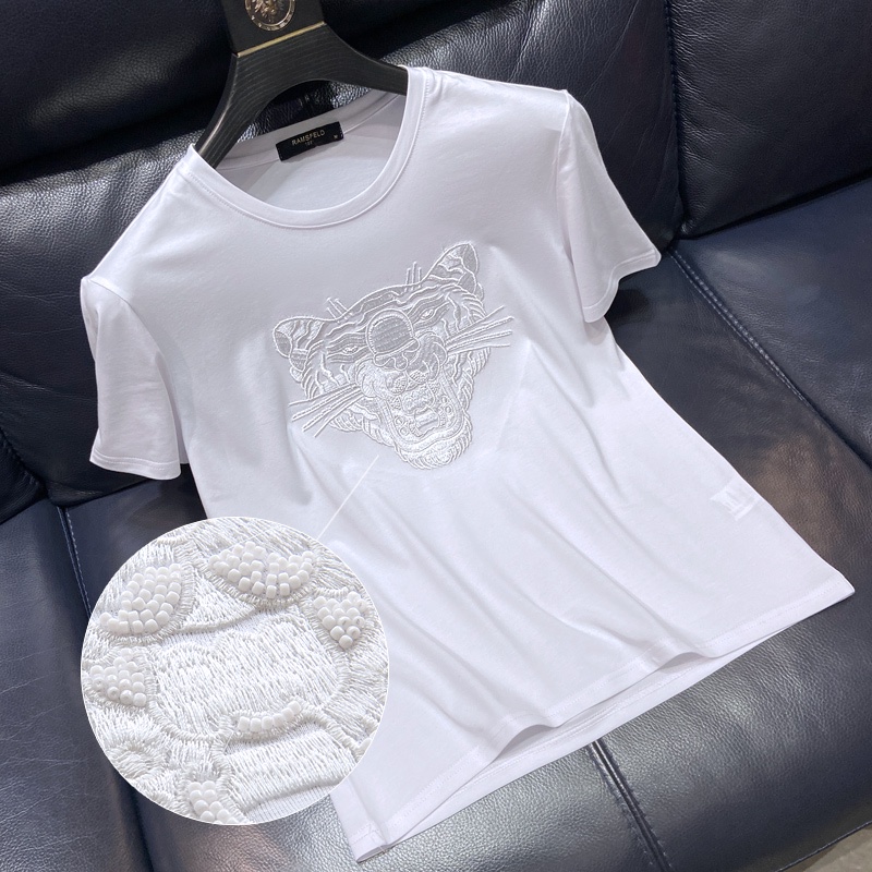 Áo Thun Tay Ngắn Chất Liệu Cotton Lụa Lạnh Thêu Hình Đầu Hổ Thời Trang Cao Cấp Cho Nam