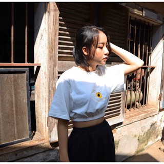 Áo thun croptop bo thun bụng tay lỡ in hoa cúc trước ngực thời trang TTSLA0008