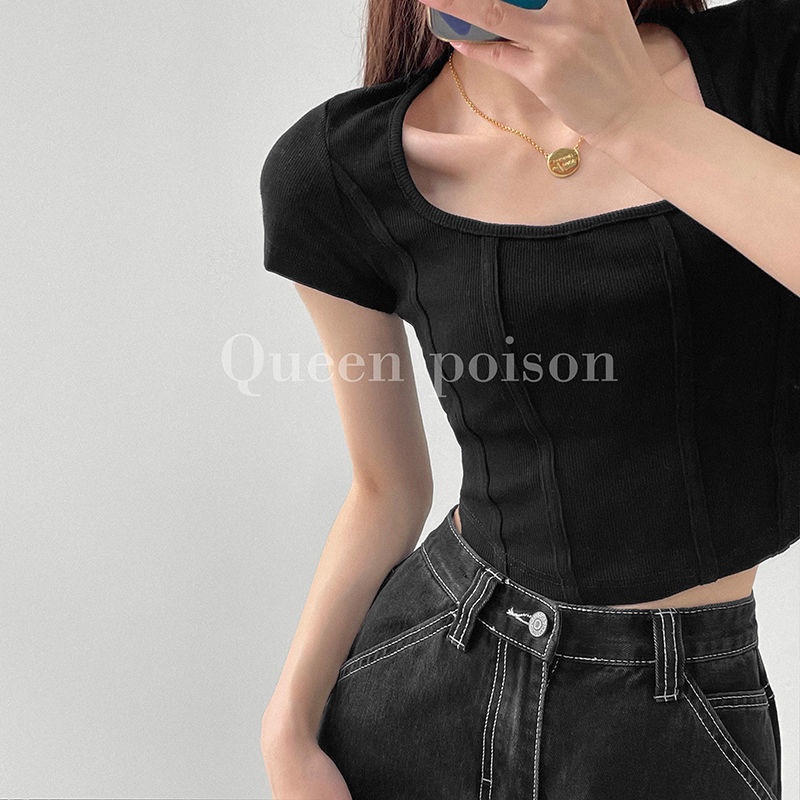 Áo thun COZOK tay ngắn cổ vuông thiết kế ôm phong cách cổ điển thời trang