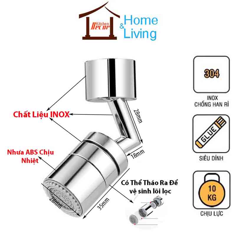 Đầu nối vòi nước thông minh INOX 304 xoay 720 độ với 2 chế độ chảy tiện lợi - NENON