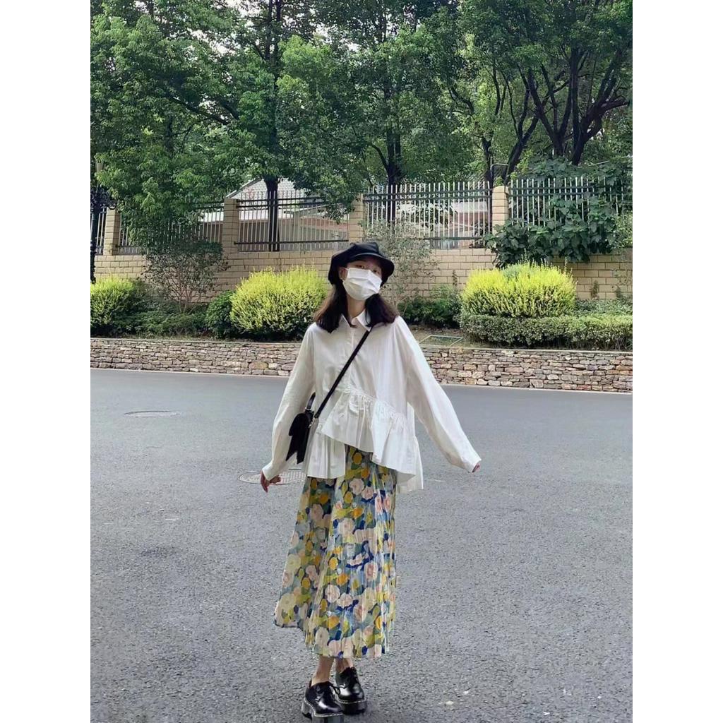 Áo Sơ Mi Dáng Rộng Dài Tay / Chân Váy Hoa Xếp Ly Thời Trang Sành Điệu 610