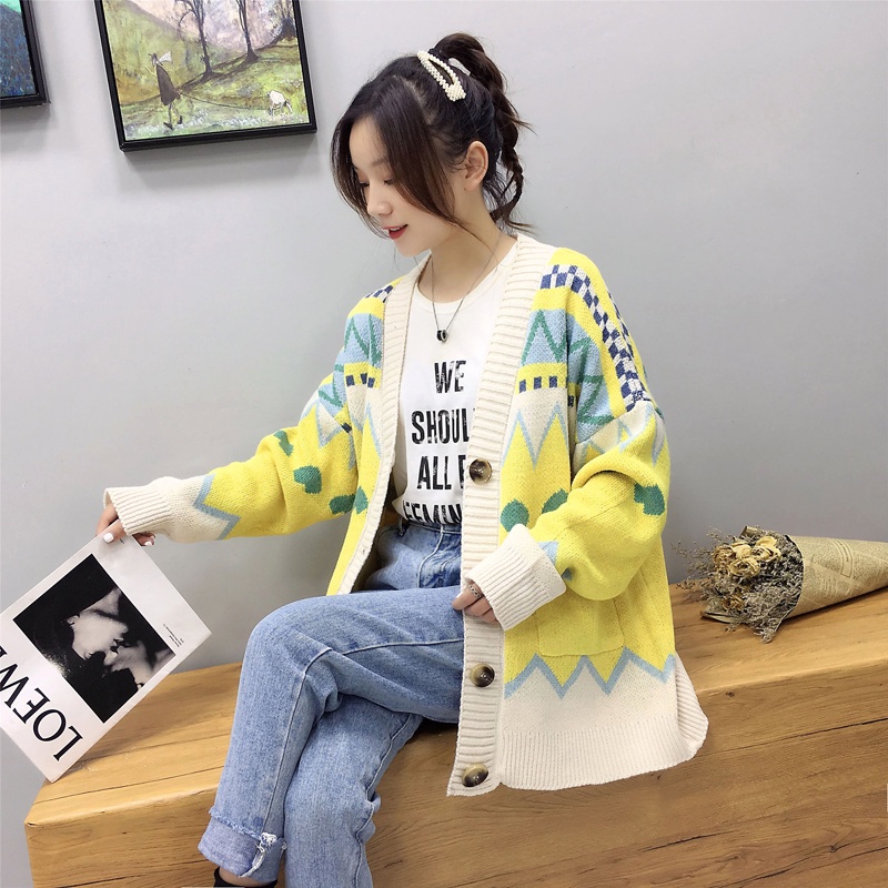 Áo khoác cardigan len họa tiết thổ câm màu cam vàng Quảng châu cao cấp hot tiktok douyin thu đông 2022 Kozoda AC63