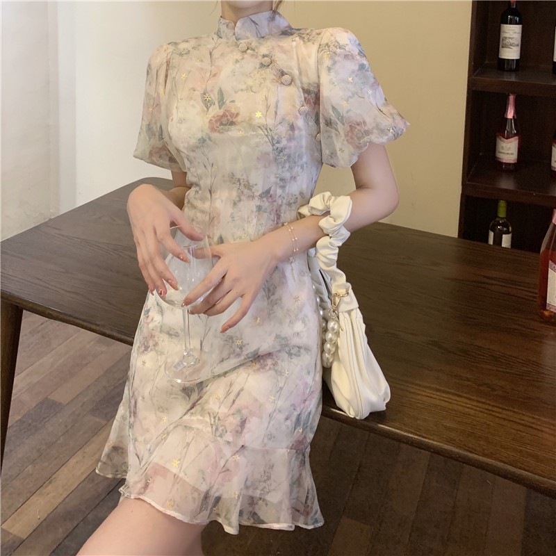 [Order ] Váy sườn xám hoa bản von đính kim sa dành cho các bạn gái năm 2021, hàng quảng châu loại đẹp