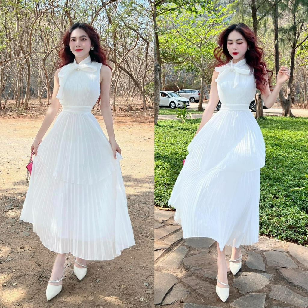 Set bộ đồ nữ tiểu thư sang chảnh với áo nơ cổ tơ xốp sọc mix chân váy voan dập ly form dài dành cho các nàng