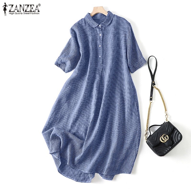 Đầm ZANZEA ngắn tay form rộng họa tiết ca rô đơn giản dành cho nữ
