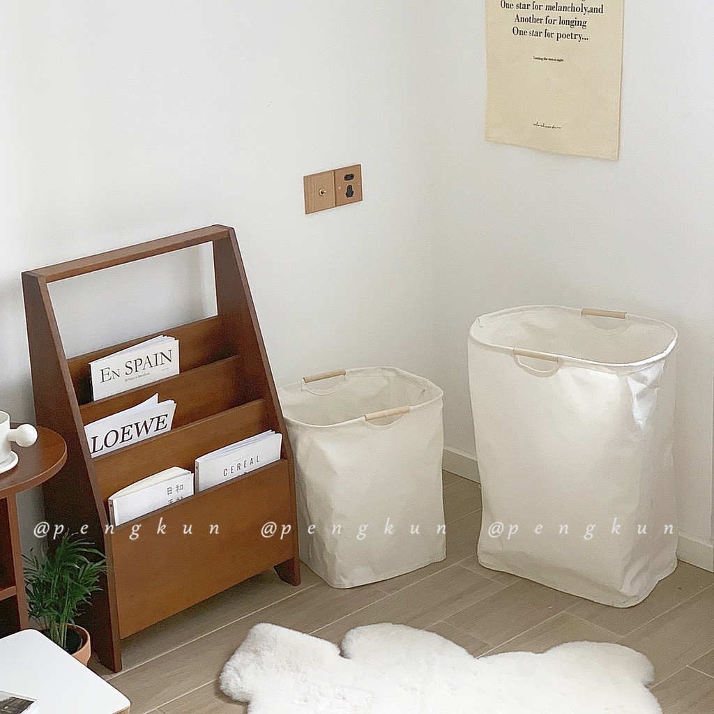 Giỏ đựng quần áo dơ/đồ chơi/chăn mền chống nước gấp được tay cầm bằng gỗ phong cách Nhật Bản